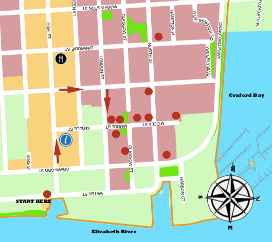 Map of Olde Towne showing the stops on the Portsmouth, Virginia architecture tour