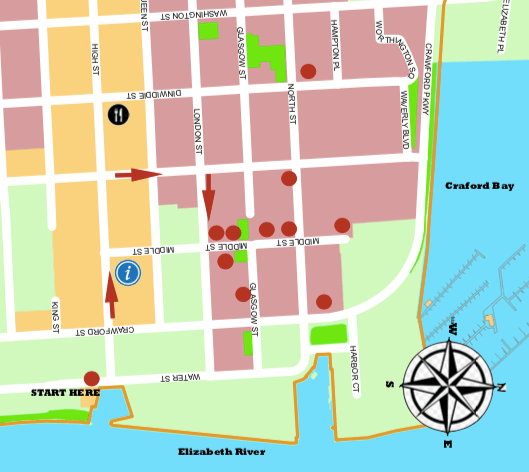 Map of Olde Towne showing the stops on the tour