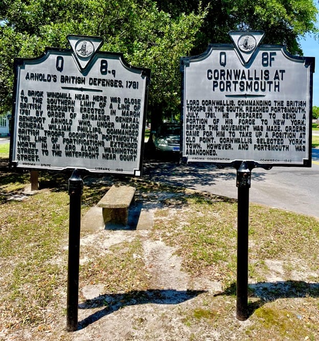 America Revolution War Historical Sign Marker on Court Street in Olde Towne Portsmouth Virginia