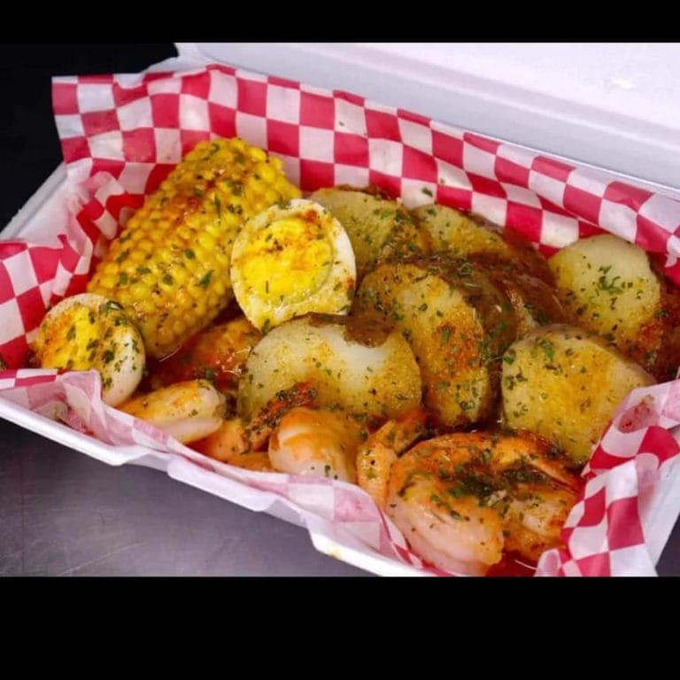 A basket of shrimp, corn, and potatoes at Southern Flair Seafood in Portsmouth, Virginia