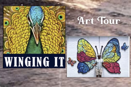 Cover of Winging It brochure with peacock and text plus example of wing art installation