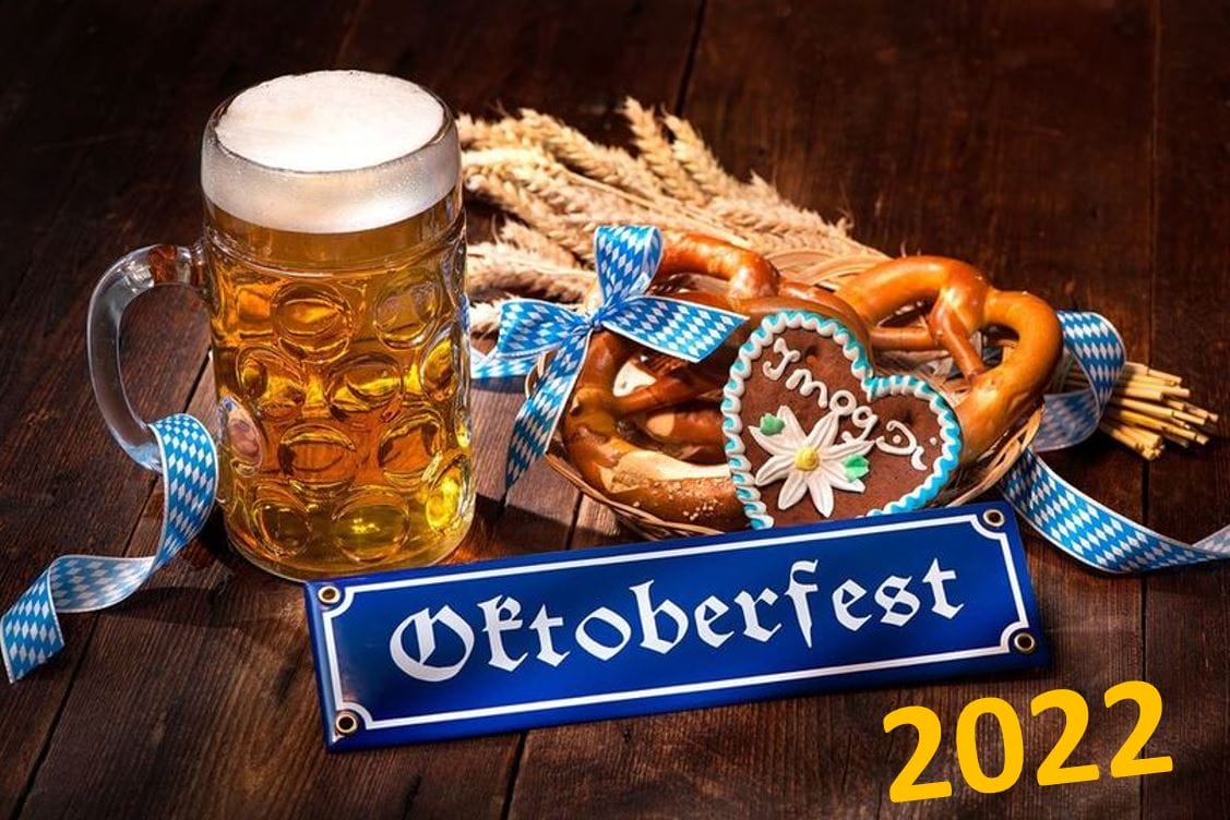 Flyer image of Oktoberfest 2022 with a beer mug, pretzel, and cookie