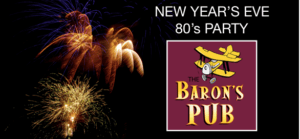 Flyer for an 80's Themed New Years Party at Baron's Pub in Portsmouth, Virginia