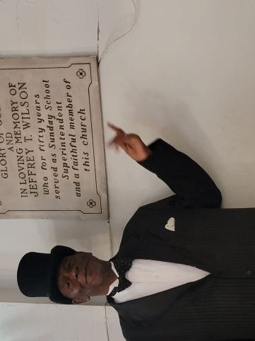 reenactor as Jeffery T Wilson giving a tour inside the historic AME Church in Portsmouth, Virginia 2022