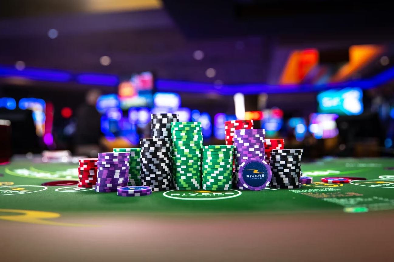 Poker chips on a gaming table at the Rivers Casino in Portsmouth, Virginia.