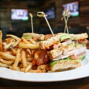 A turkey sandwich and fries on a plate inside Crossings Cafe in Rivers Casino in Portsmouth, Virginia.