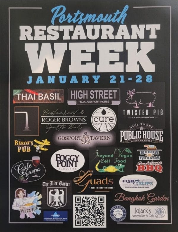 a flyer with a list of participating restaurants for Portsmouth Virginia's restaurant week 2023
