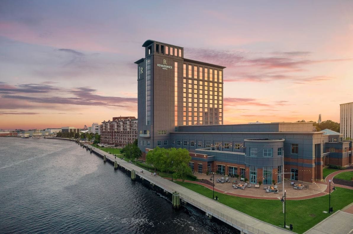 Renaissance Hotel Portsmouth Exterior View showing waterway and outdoor fire pits