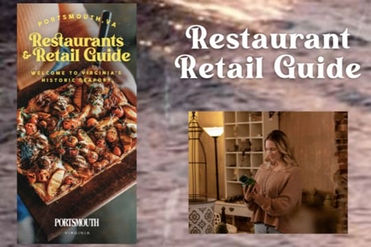 Restaurant & Retail Guide Jan 2023 image of Portsmouth, Virginia's restaurant guide & Retail guide cover and a women shopping