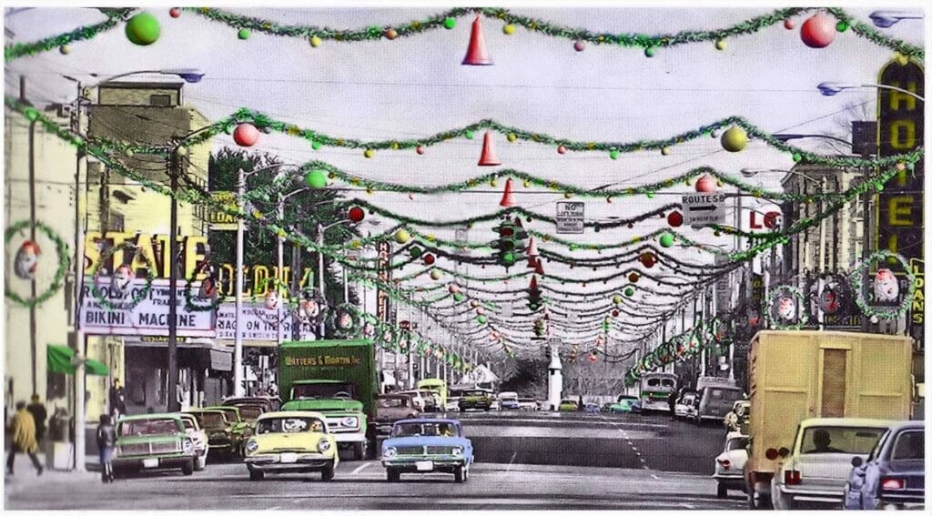 High Street Portsmouth Virginia decorated for Christmas 1950s