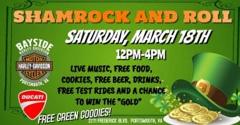 Display flyer with a green Top hat and writing to show a St. Paddy's day event at Harley-Davison In Portsmouth, VA. 