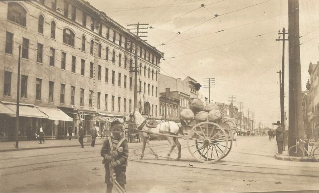 A horse drawn two-wheeled carriage on High Street  in Portsmouth, Virginia in 1905