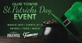 flyer of a green hat and gold coins to tell people of the St. Paddy's Day event in Olde Towne, Portsmouth, Va.