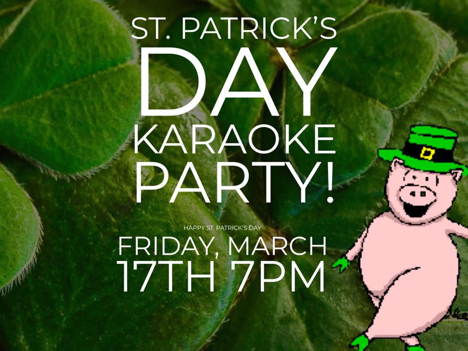 Flyer of a St. Paddy's Day event in Portsmouth, VA that shows clovers with a cartoon pig in a green top hat.