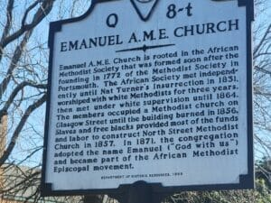 image of a historical marker outside of the Historic Emanuel AME Church in Portsmouth, VA.