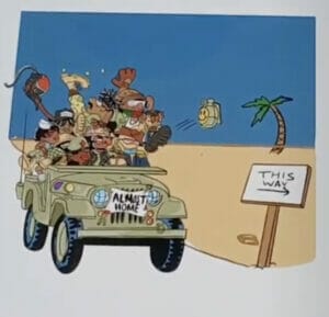 Cartoon mural of soldiers in a army jeep