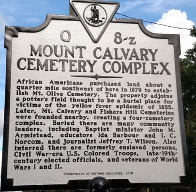 image of a historical marker with text about Mt Calvary Cemetery Portsmouth va.