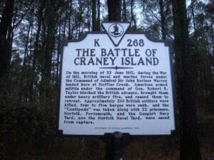 Historical Marker with text on the battle of Craney Island in Portsmouth VA