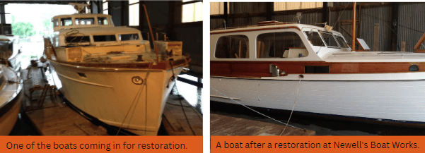 Boat coming in for restoration and a finished boat going out