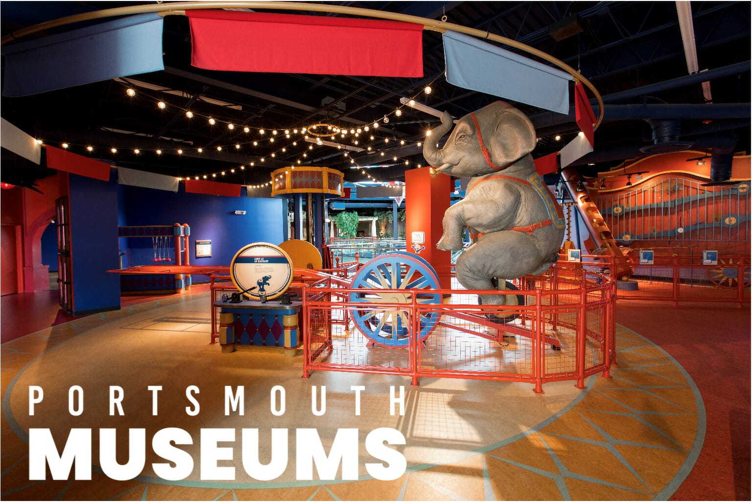 Elephant in physics exhibit with Portsmouth Museums logo