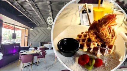 Restaurant setting with an image of waffles