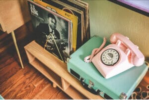 rotary dial telephone, turntable, and BB King album