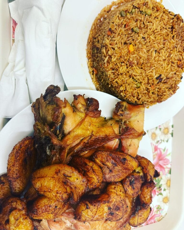 ES African Kitchen Dish 3 Jollof Rice Baked Chicken and Fried Plantains 768x960
