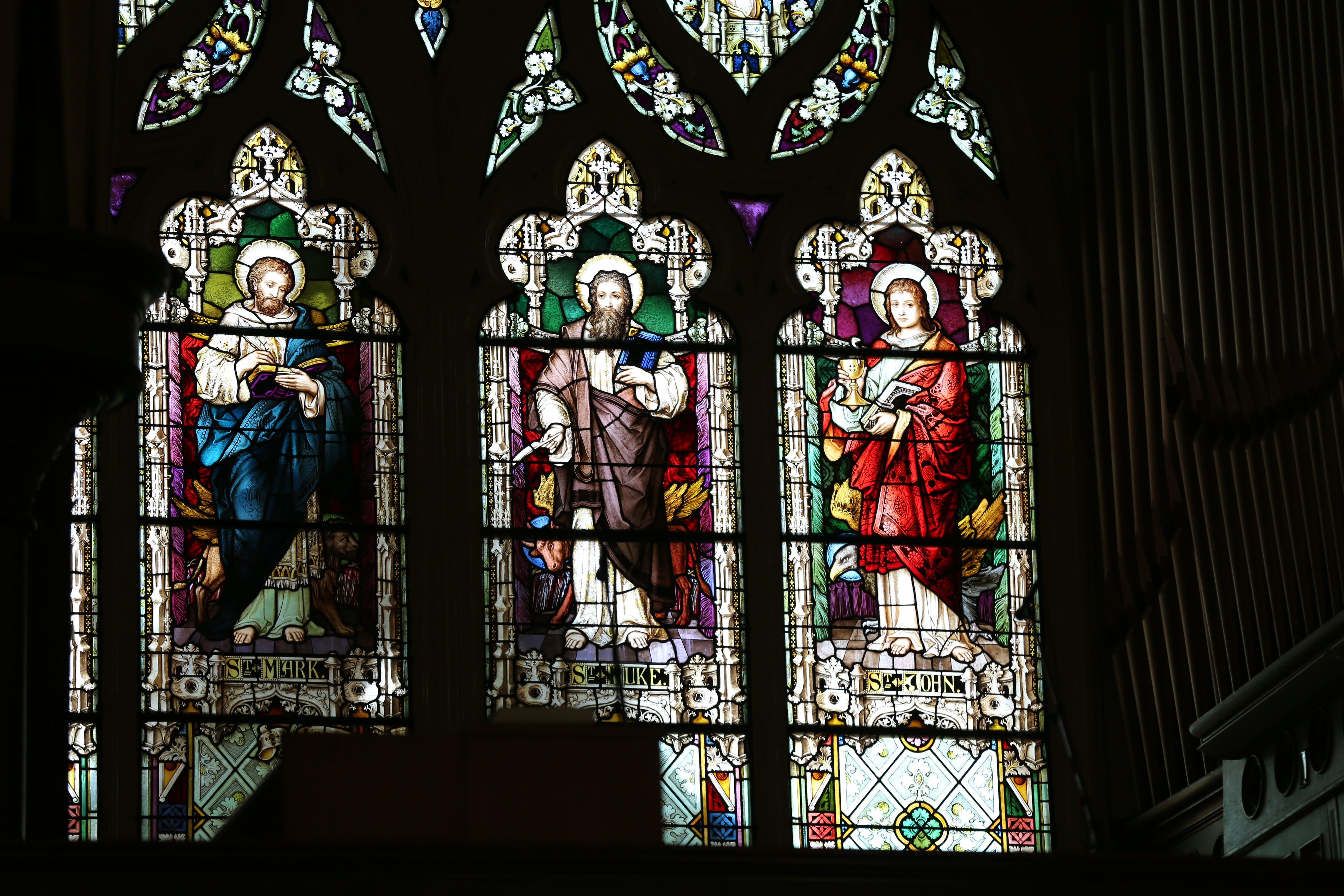 3 stained glass windows seen during Steeple to Steeple Historic Church tour