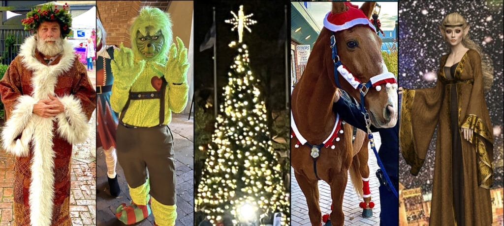 Light Up Olde Towne Holiday characters include a grinch, an elf, a horse, and Father Christmas