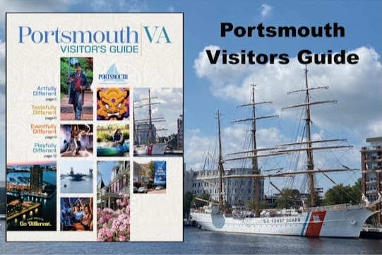 Portsmouth Visitor Guide Cover with Coast Guard Eagle on Portsmouth waterfront